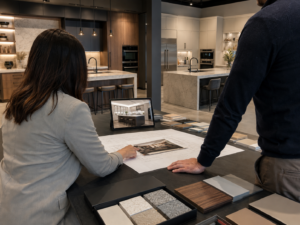Kitchen designer consulting with a client in a U.S. kitchen design studio displaying European kitchen designs