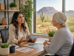 Health educator in Arizona counseling a cancer patient about nutrition and supportive care in an office setting